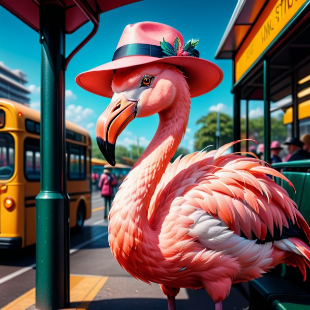 Illustration of a flamingo in a hat on the bus stop