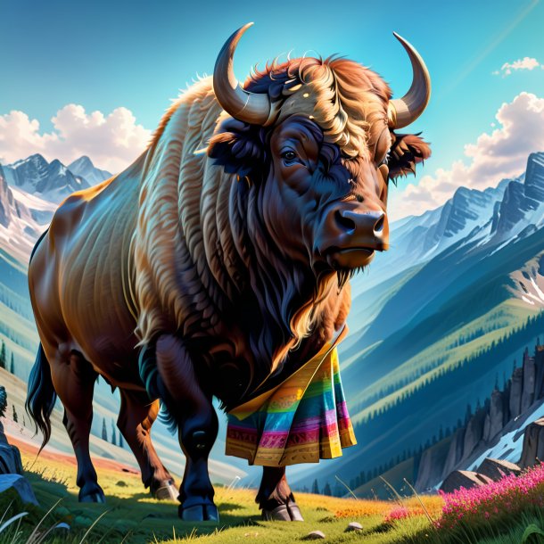 Drawing of a buffalo in a skirt in the mountains