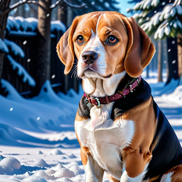Photo of a waiting of a beagle in the snow