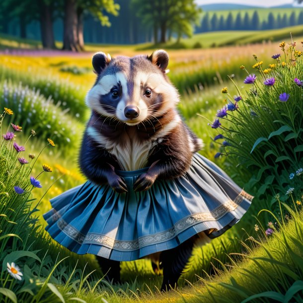 Photo of a badger in a skirt in the meadow