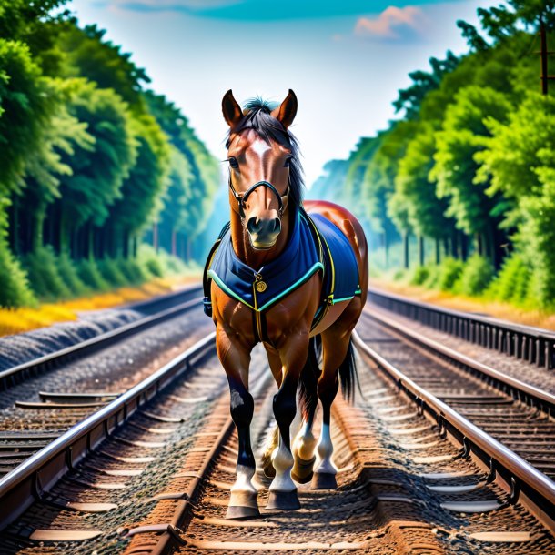 Image of a horse in a vest on the railway tracks