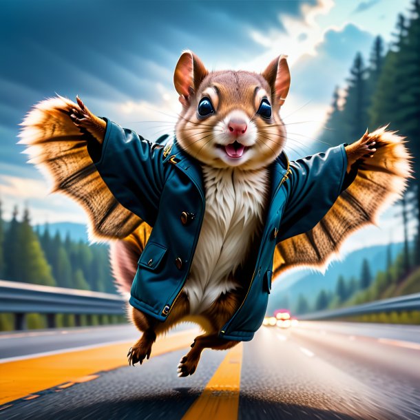 Pic of a flying squirrel in a coat on the highway