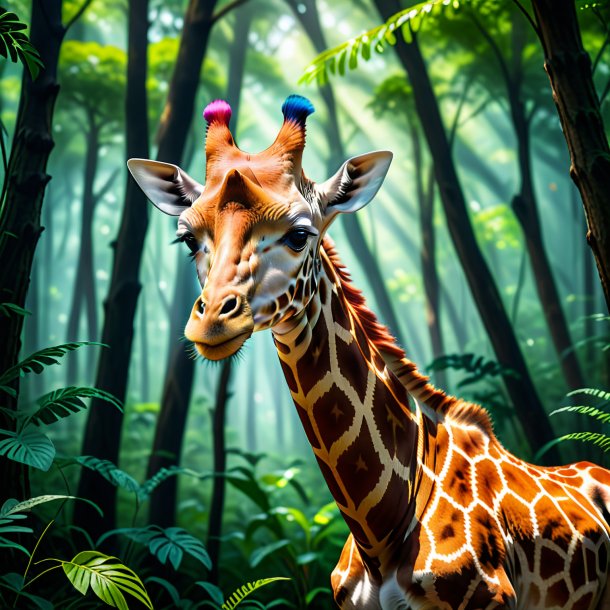 Image of a giraffe in a cap in the forest