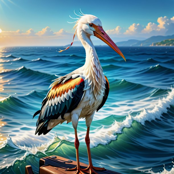 Drawing of a stork in a vest in the sea