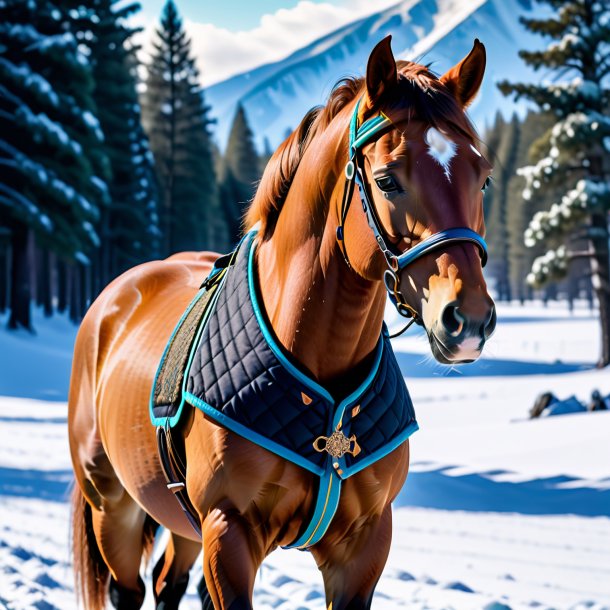 Photo of a horse in a vest in the snow