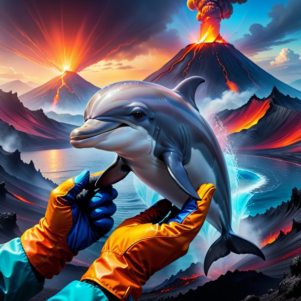 Drawing of a dolphin in a gloves in the volcano