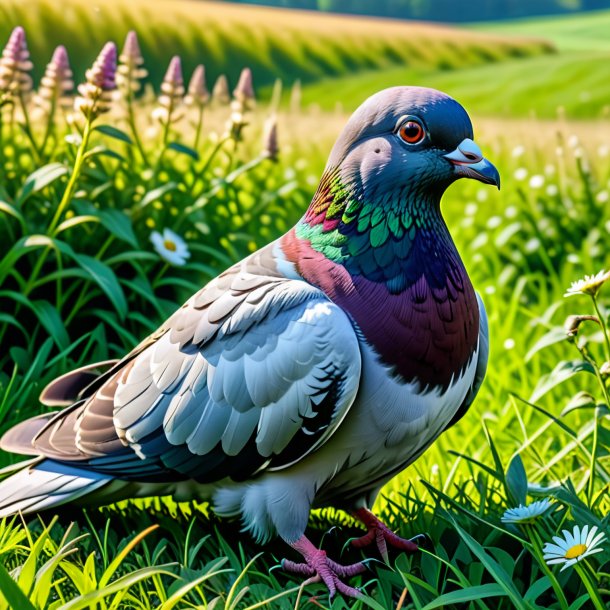 Image of a resting of a pigeon in the meadow