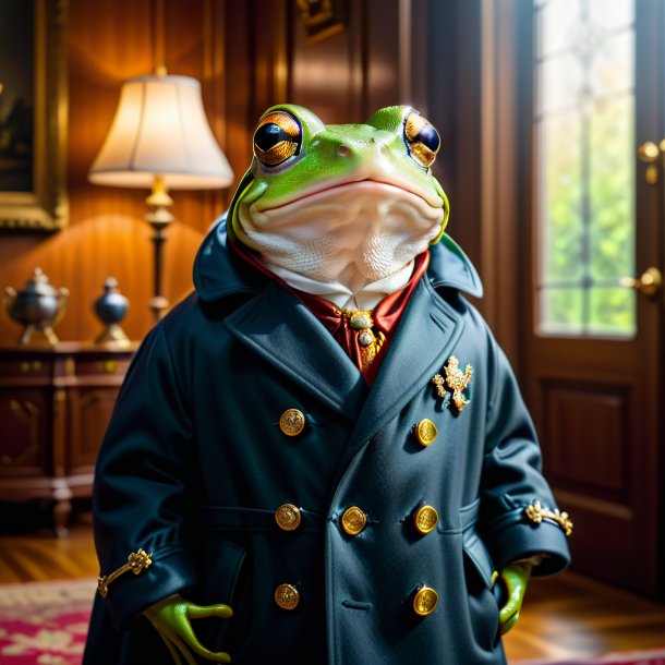 Foto de una rana en un abrigo en la casa