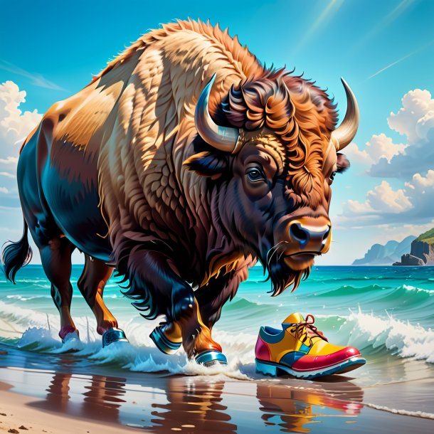 Drawing of a bison in a shoes in the sea