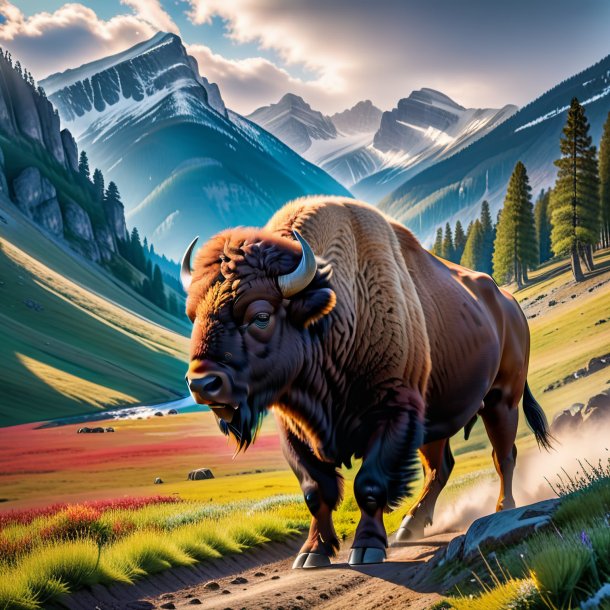 Photo of a playing of a bison in the mountains