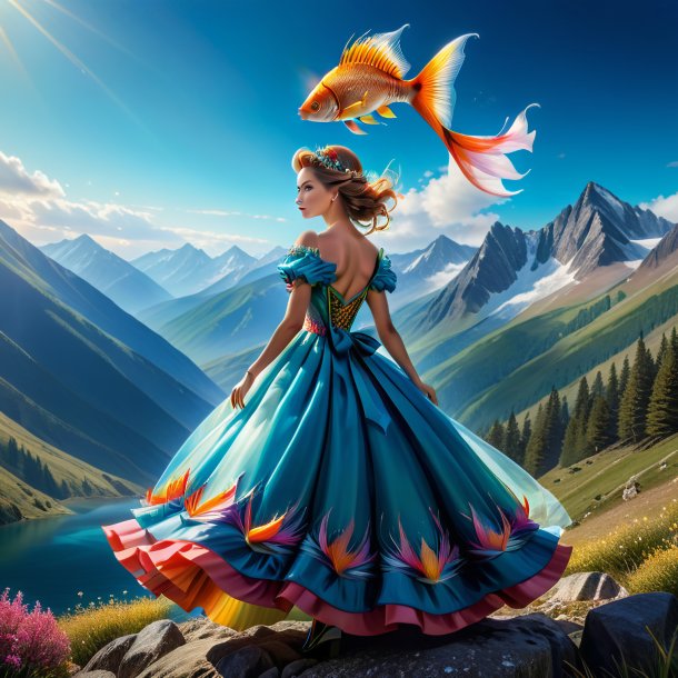 Picture of a fish in a dress in the mountains