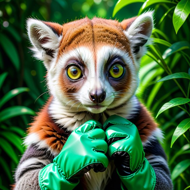 Picture of a lemur in a green gloves