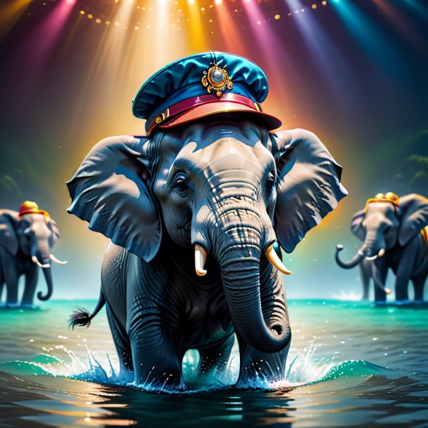 Image of a elephant in a cap in the water