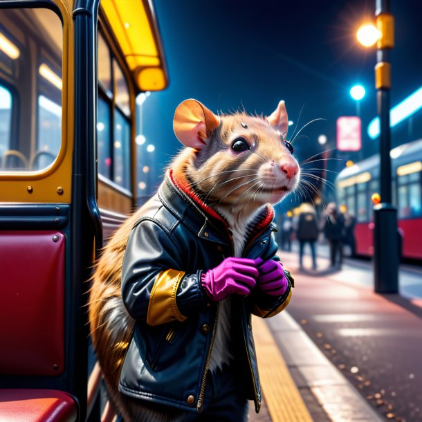 Foto de una rata en guantes en la parada de autobús