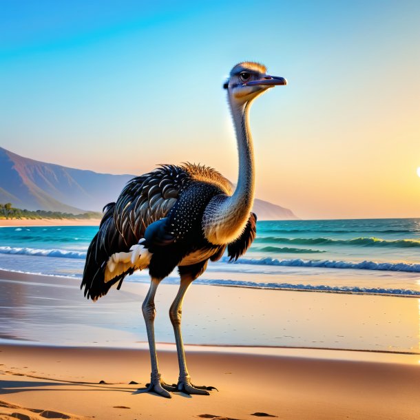 Foto de un avestruz en un cinturón en la playa