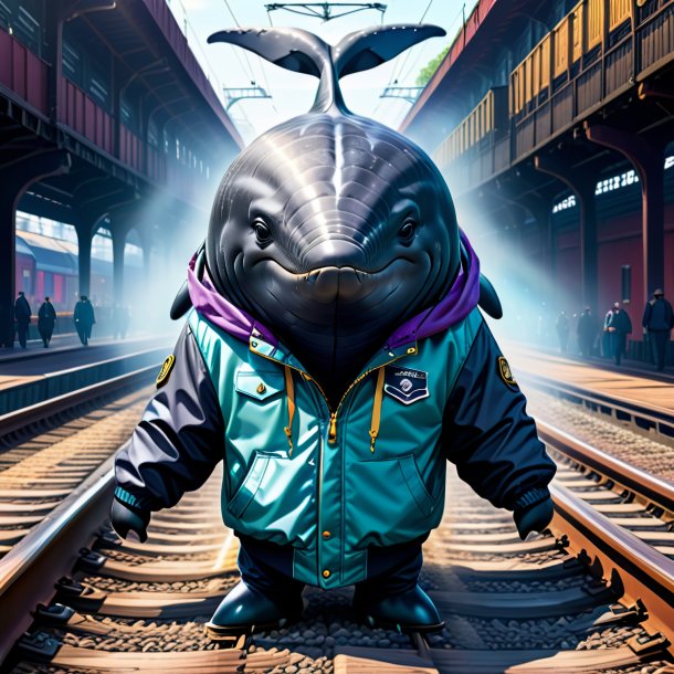 Illustration of a whale in a jacket on the railway tracks