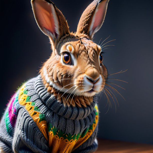 Pic of a hare in a gray sweater