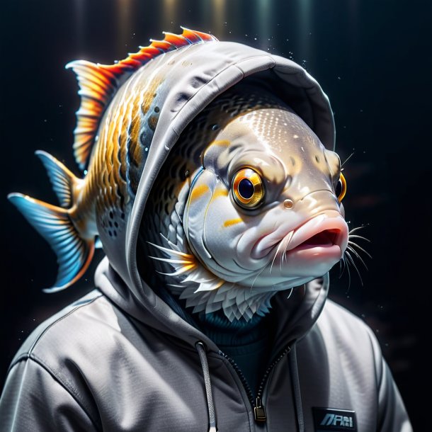 Picture of a fish in a gray hoodie
