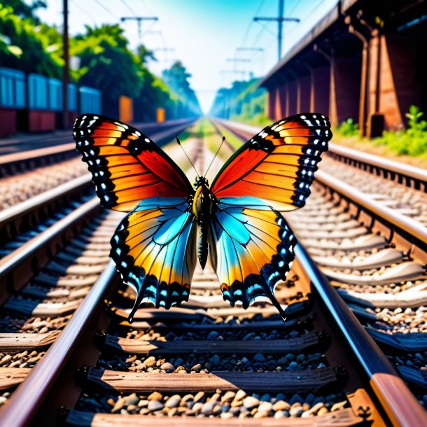 Imagem de uma borboleta em um colete nos trilhos ferroviários