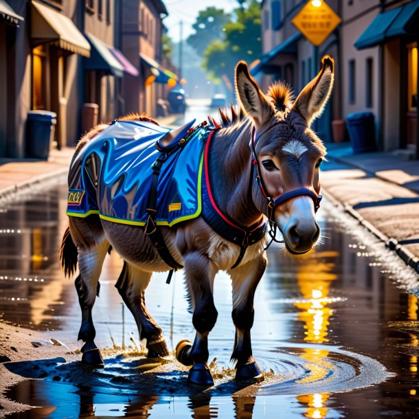 Pic of a donkey in a vest in the puddle
