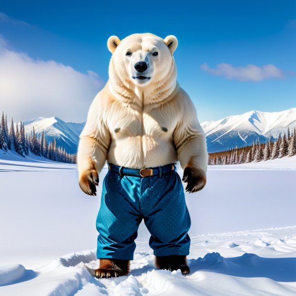 Pic of a polar bear in a trousers in the snow