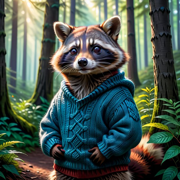 Pic of a raccoon in a sweater in the forest