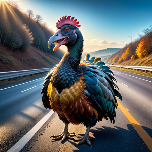 Image of a dodo in a coat on the highway