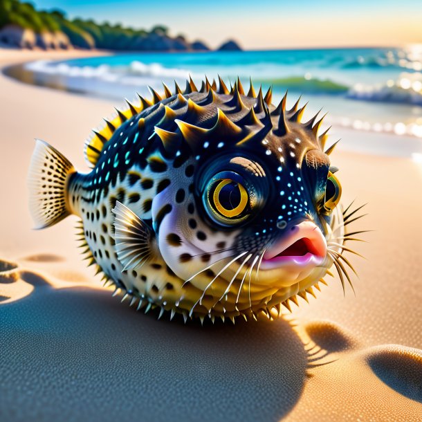 Photo of a pufferfish in a belt on the beach
