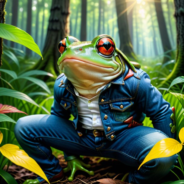 Рисунок лягушки в джинсах в лесу