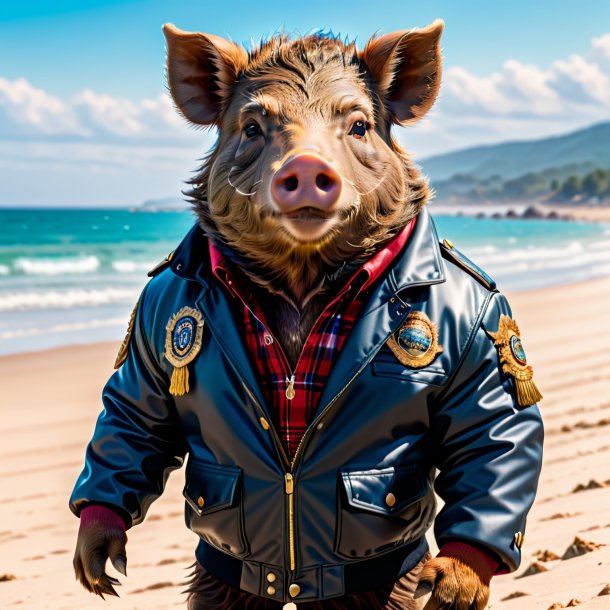 Pic of a boar in a jacket on the beach