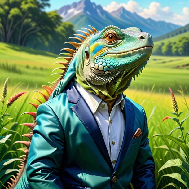 Drawing of a iguana in a jacket in the meadow