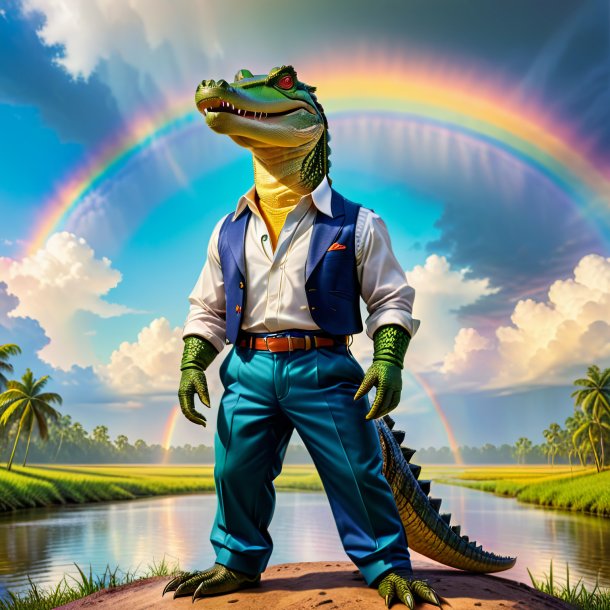 Image of a alligator in a trousers on the rainbow