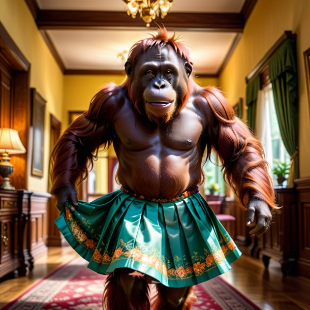 Photo of a orangutan in a skirt in the house