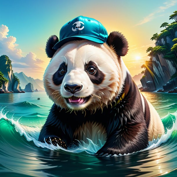 Illustration of a giant panda in a cap in the sea
