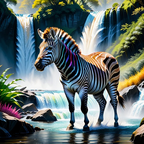 Drawing of a zebra in a coat in the waterfall