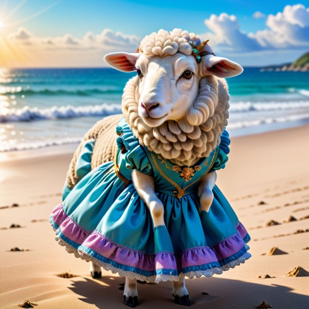Pic of a sheep in a dress on the beach