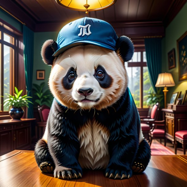 Иллюстрация гигантской панды в кепке в доме