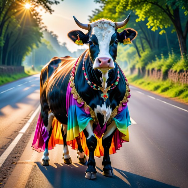 Photo of a cow in a dress on the road