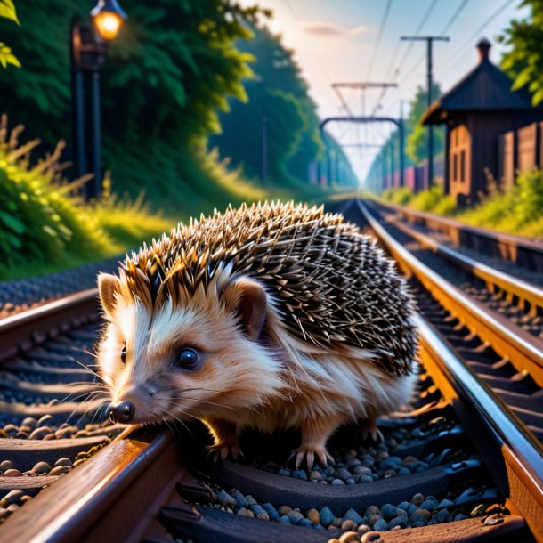 Photo of a resting of a hedgehog on the railway tracks