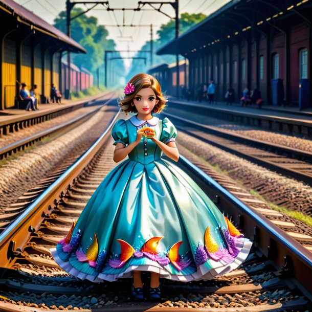 Pic of a fish in a dress on the railway tracks