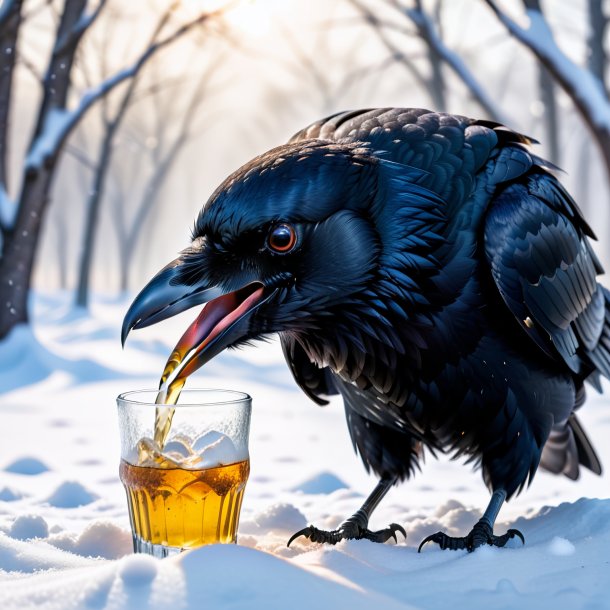 Imagen de una bebida de un cuervo en la nieve