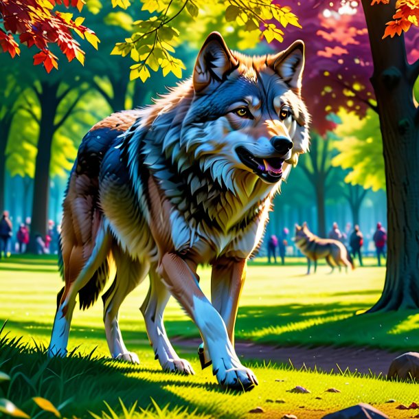 Photo of a playing of a wolf in the park