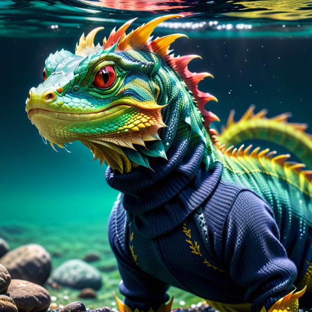 Picture of a basilisk in a sweater in the water