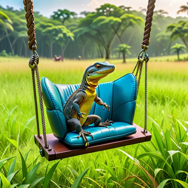 Image of a swinging on a swing of a monitor lizard in the meadow
