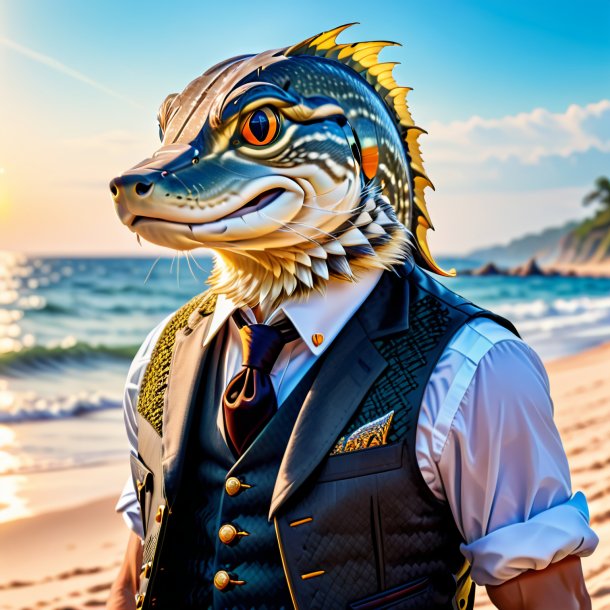 Photo of a pike in a vest on the beach