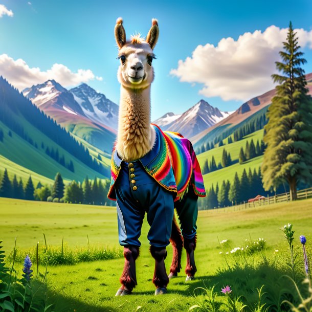 Photo of a llama in a trousers in the meadow