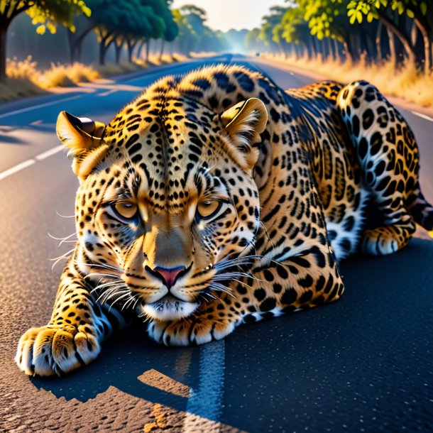 Picture of a sleeping of a leopard on the road