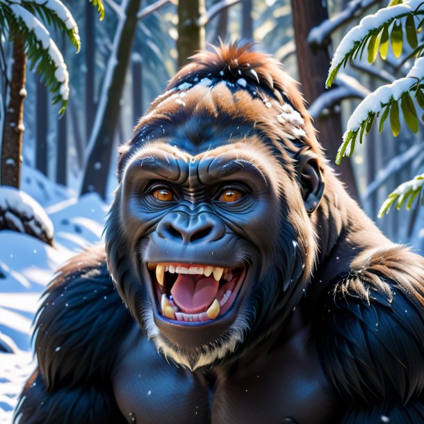 Pic of a smiling of a gorilla in the snow