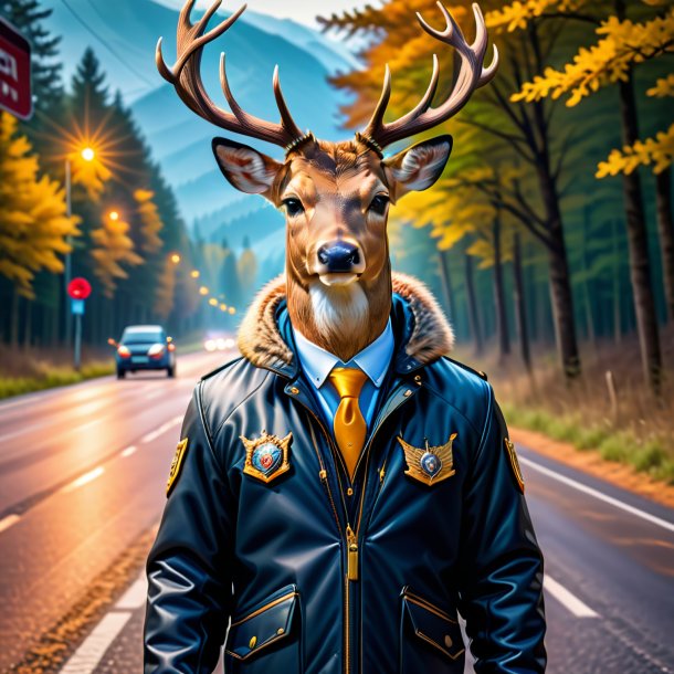 Image of a deer in a jacket on the road