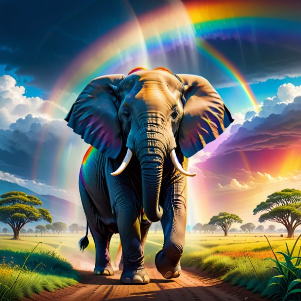 Drawing of a elephant in a coat on the rainbow